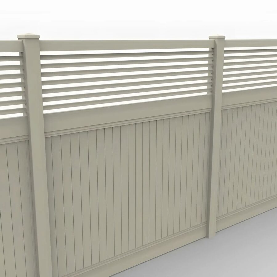 Vinyl Vertical Privacy Fence Panel w/Horizontal Picket Top, 8ft height 8ft width, Tan