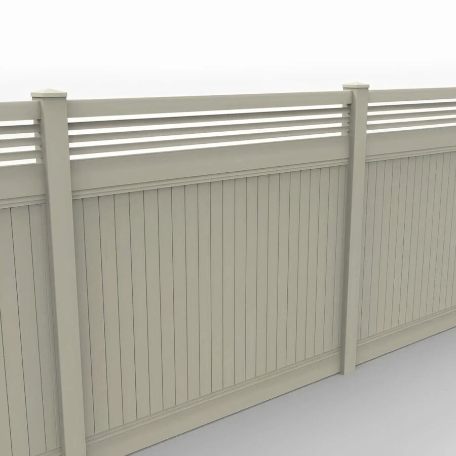 Vinyl Vertical Privacy Fence Panel w/Horizontal Picket Top, 7ft height 8ft width, Tan