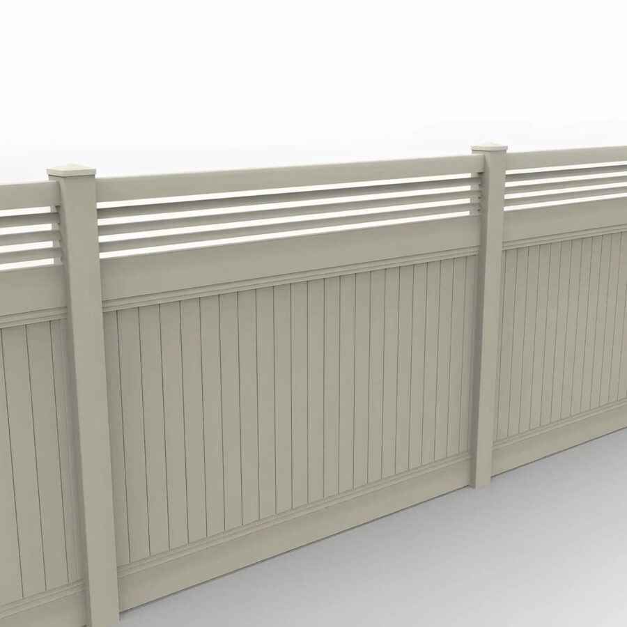 Vinyl Vertical Privacy Fence Panel w/Horizontal Picket Top, 6ft height 8ft width, Tan