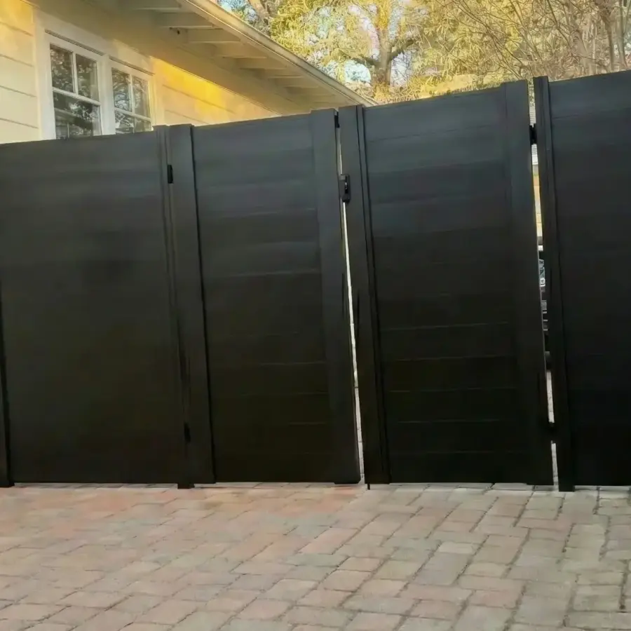 Dark Horizontal Privacy Fence And Gate Section Under An Awning Showing Sunlight Filtering Through Autumn Trees In The Background 1