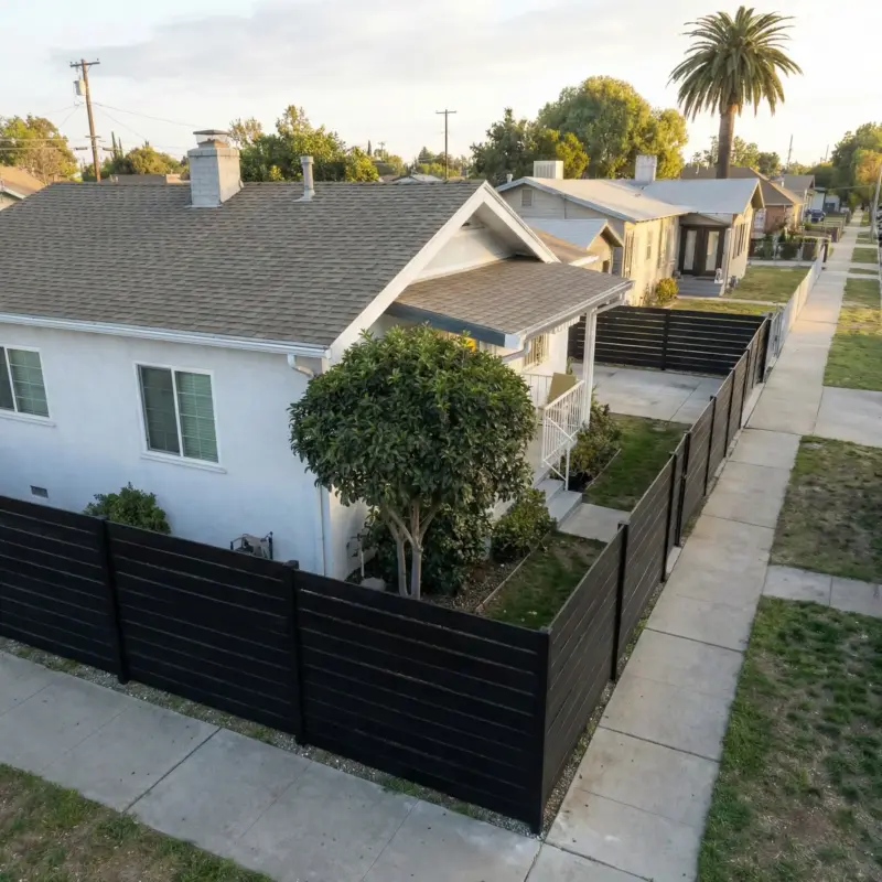 A WideAngle View Of A Modern Black Horizontal Slat Privacy Fence And Sliding Gate Spanning The Entire Front Width Of A Residential Property During Sunrise