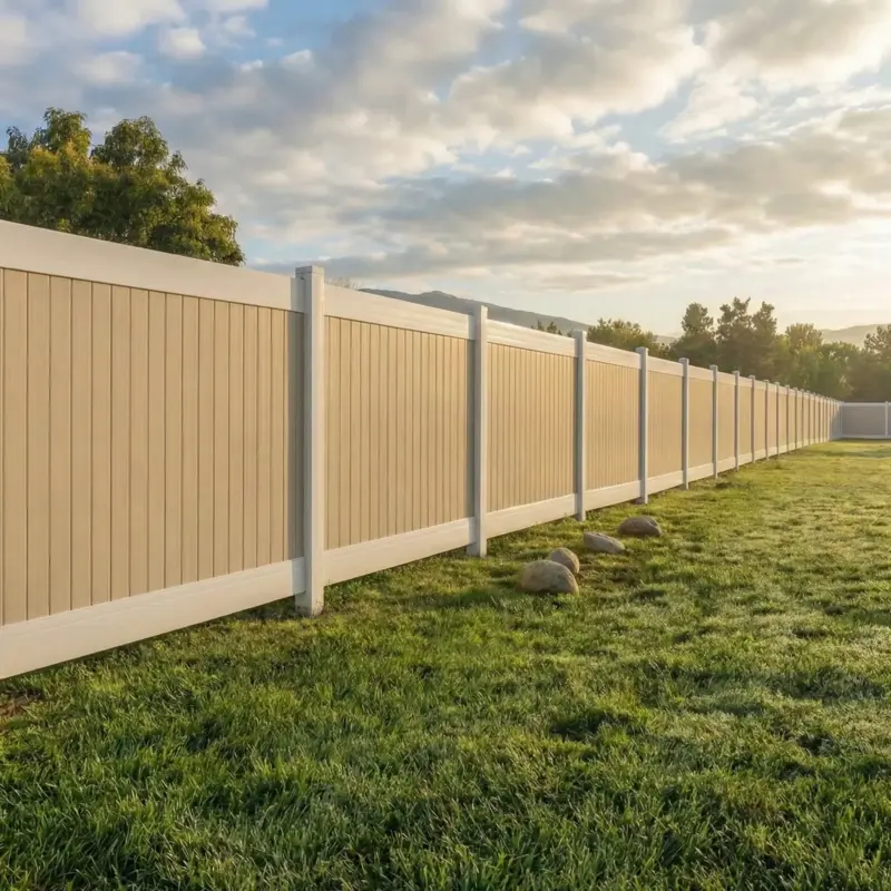 Beige And White TwoTone Vinyl Privacy Fence Enclosing A Large Green Backyard With Trees And Mountains In The Background