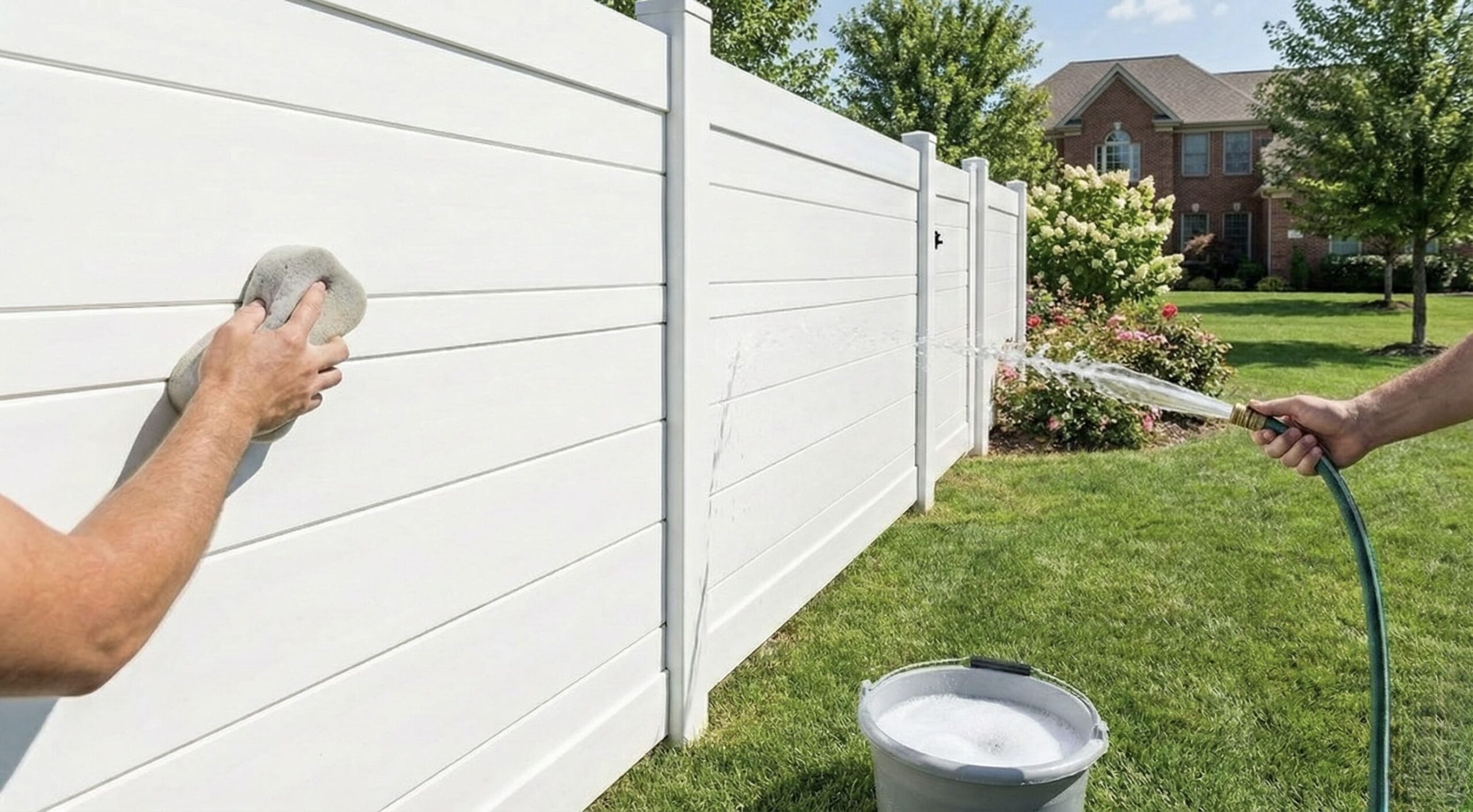 Cleaning A White Horizontal Vinyl Fence Using A Sponge, Soapy Water
