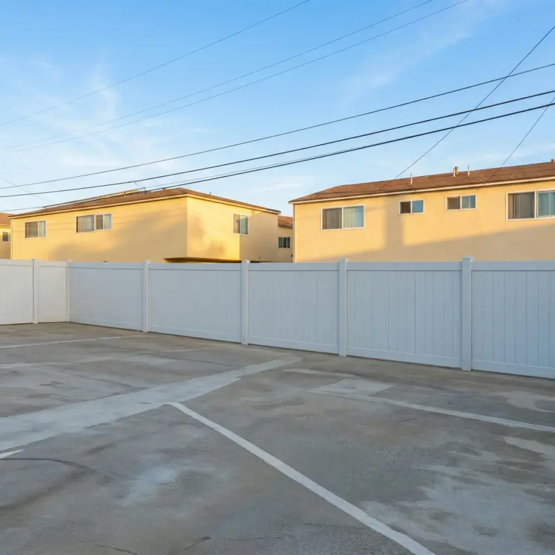 CommercialGrade Light Grey Vinyl Fencing Featuring A Rolling Gate Mechanism For A Business Property