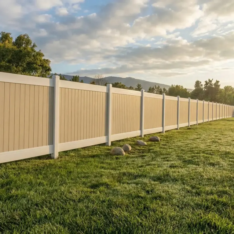 HighAngle View Of A Long Beige And White Vinyl Fence Installed In A Residential Property'S Lawn