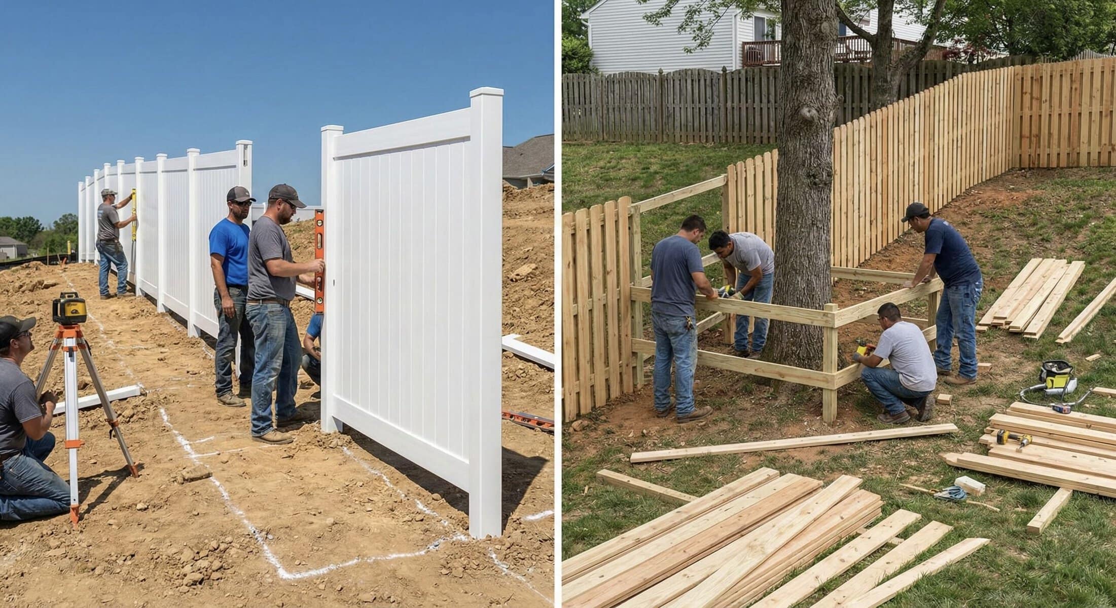 Installation Of A White Vinyl Fence And A Wooden Fence