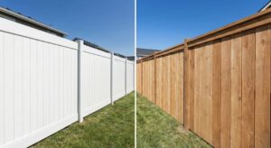 comparison showing a pristine white vinyl privacy fence on the left versus a natural wood privacy fence