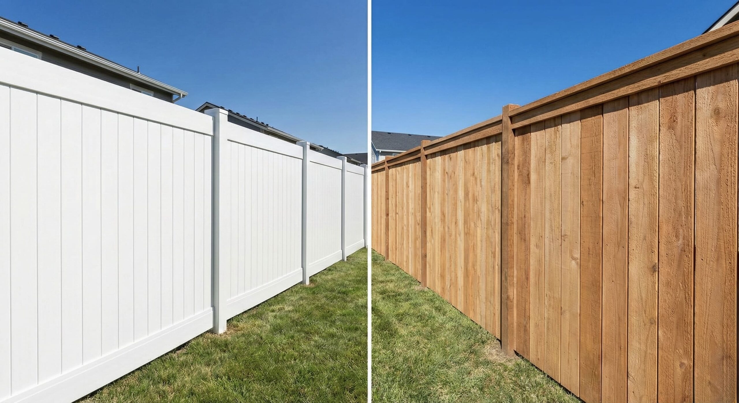 Comparison Showing A Pristine White Vinyl Privacy Fence On The Left Versus A Natural Wood Privacy Fence