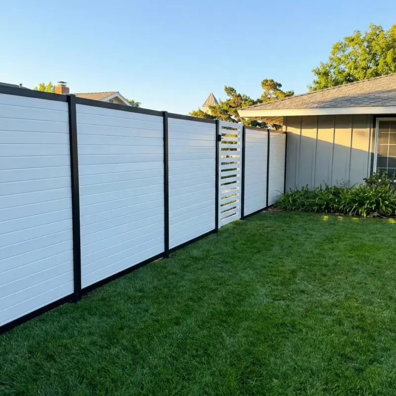 White Horizontal Slat Fence And Gate Combination With Black Metal Frame