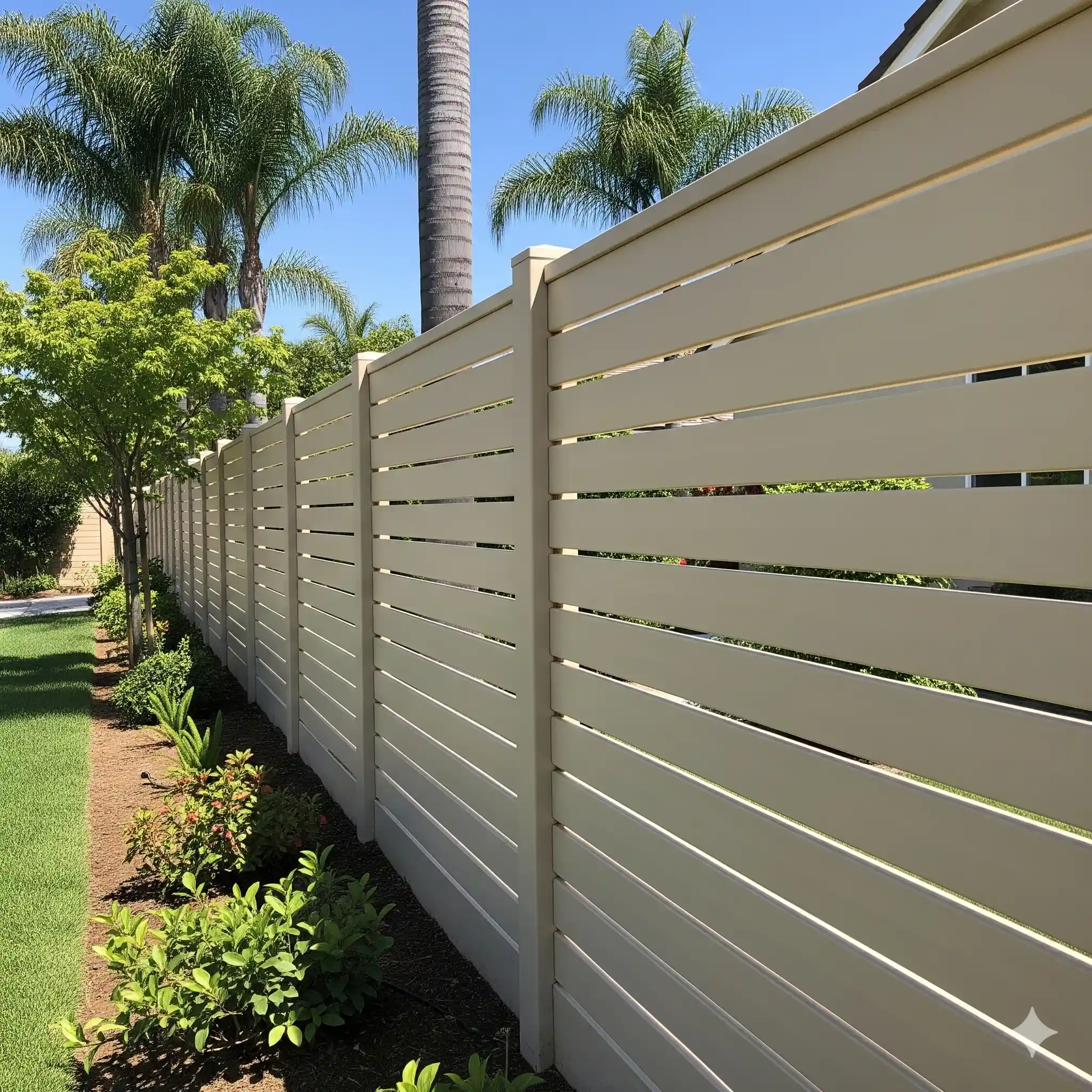 Tan Vinyl Horizontal Picket Fence Featuring WindResistant Gaps, Installed In A Sunny Southern California Backyard With Palm Trees And A Green Lawn.