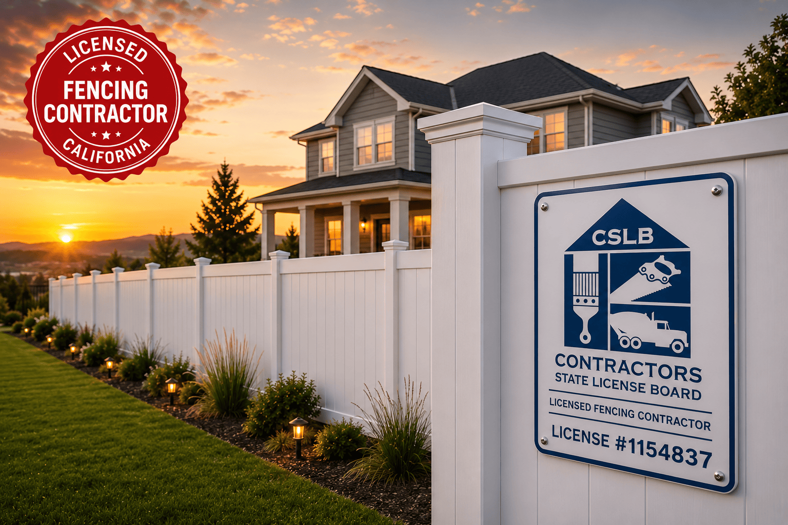 Modern American suburban home surrounded by a white vinyl fence at sunset with CSLB licensed fencing contractor signage and California contractor license badge displayed prominently.