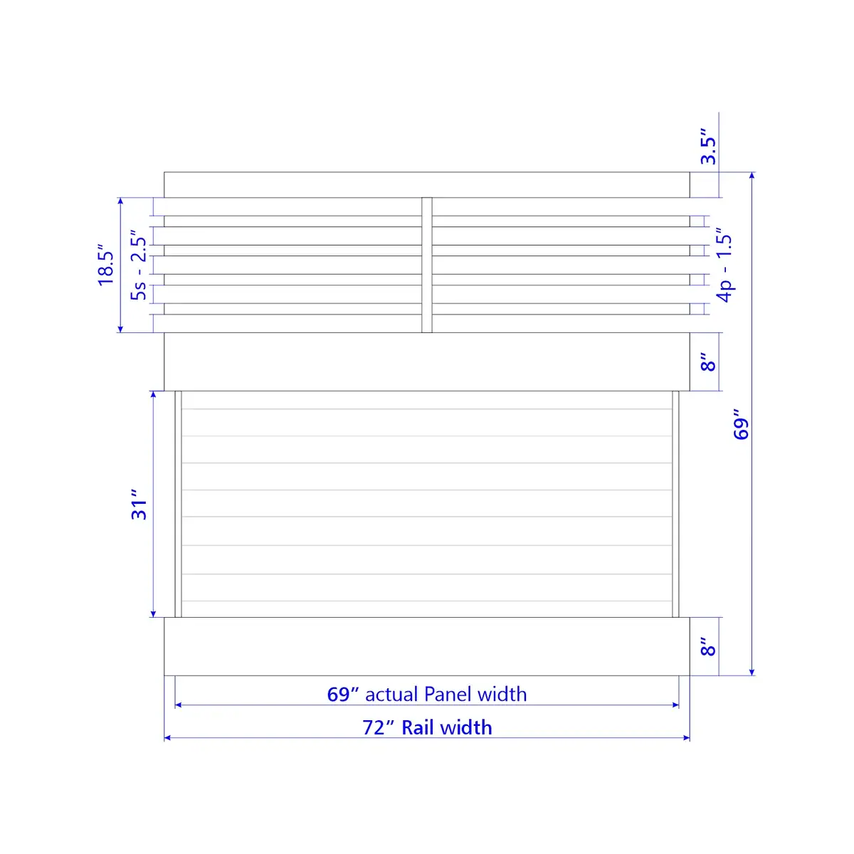 Vinyl Horizontal Privacy Fence Panel W/Horizontal Picket Top, 6Ft Height 6Ft Width, White