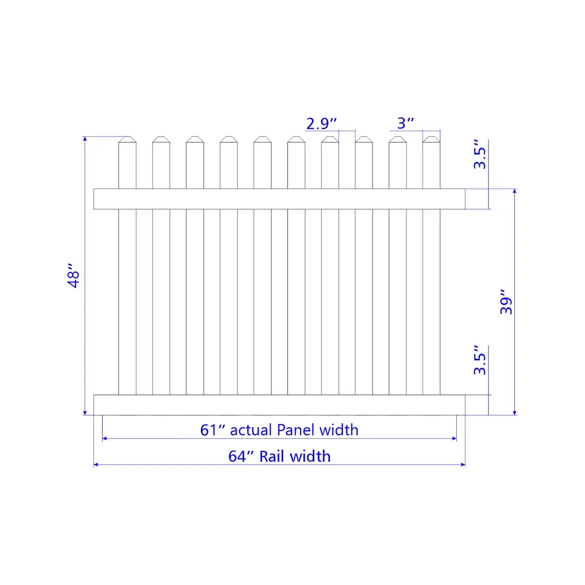 Vinyl Straight Picket Fence Panel, 4Ft Height 6Ft Width, White