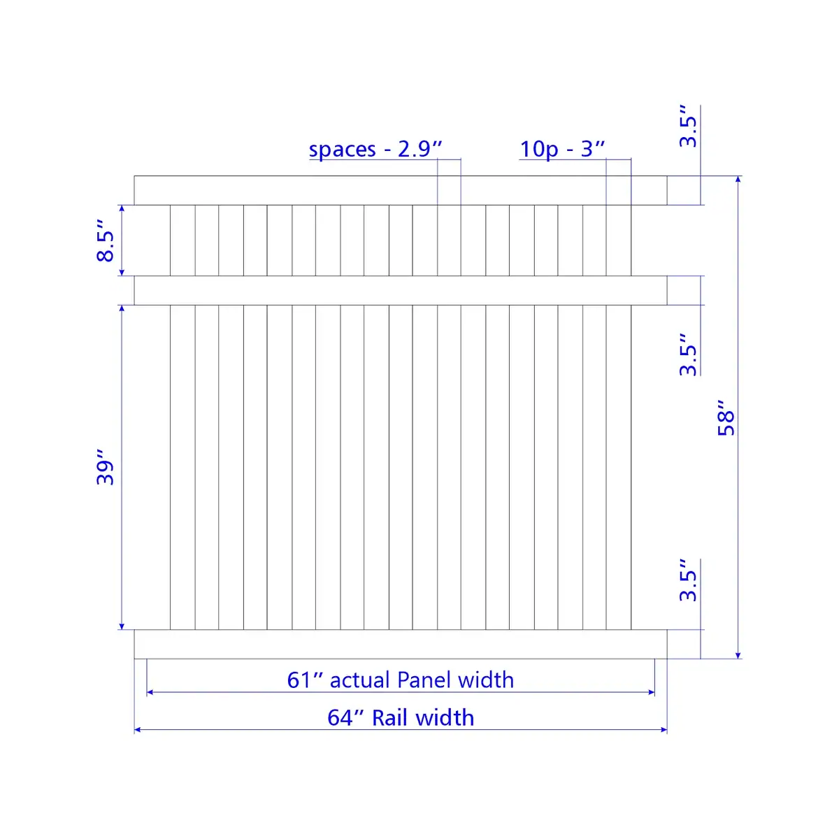 Vinyl Vertical Flat Picket Fence Panel, 5Ft Height 6Ft Width, White
