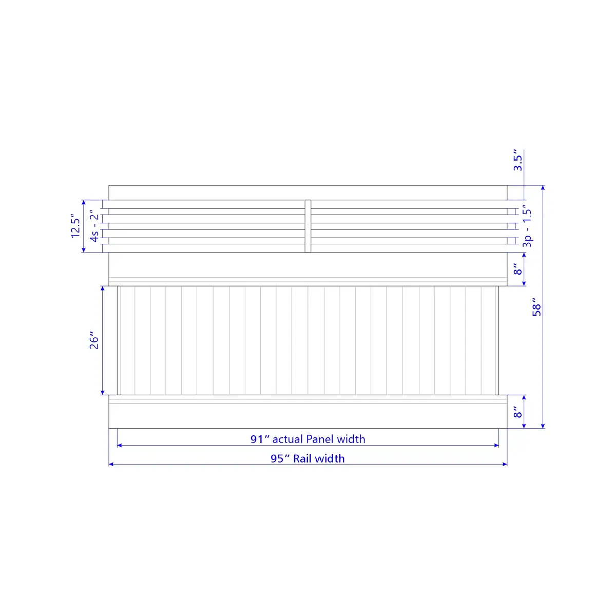 Vinyl Vertical Privacy Fence Panel W/Horizontal Picket Top, 5Ft Height 8Ft Width, Clay