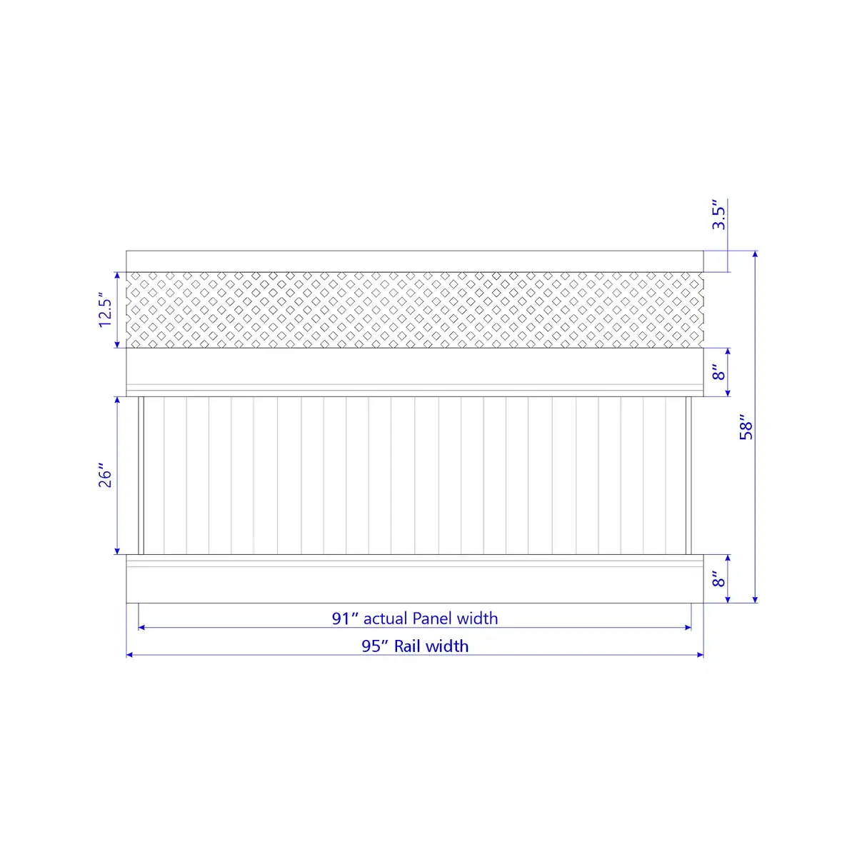 Vinyl Vertical Privacy Fence Panel W/Lattice Top, 5Ft Height 8Ft Width, White