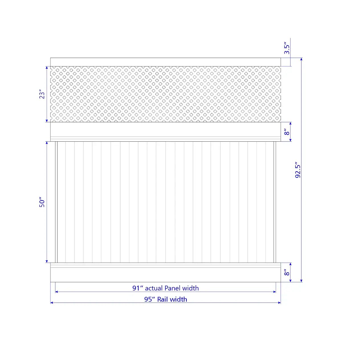 Vinyl Vertical Privacy Fence Panel W/Lattice Top, 8Ft Height 8Ft Width, White