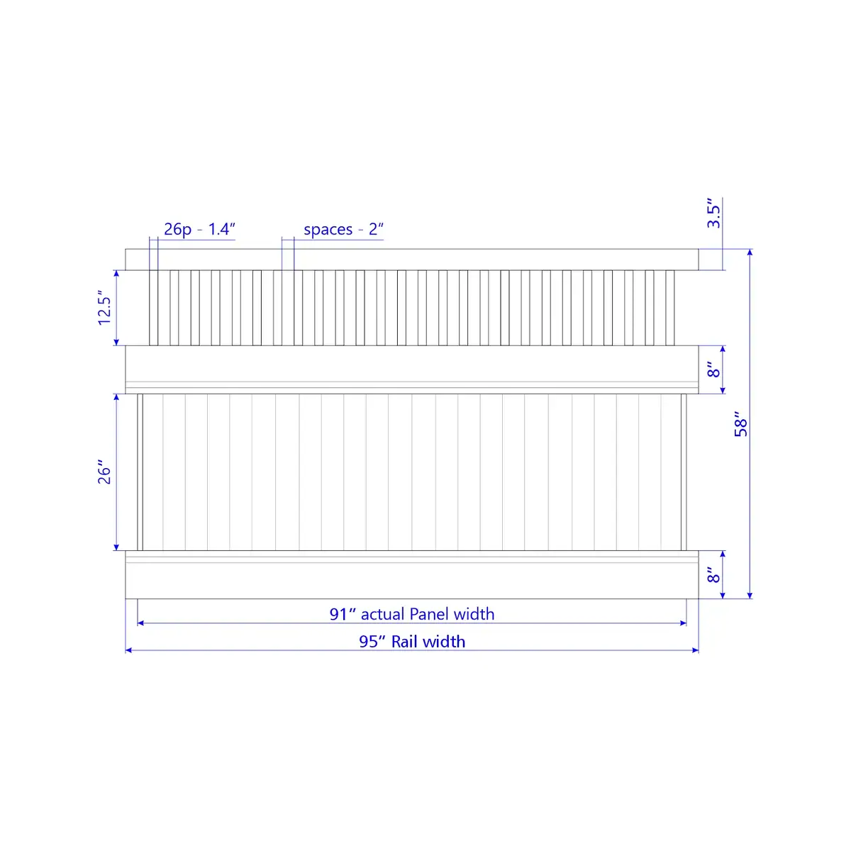 Vinyl Vertical Privacy Fence Panel W/Vertical Picket Top, 5Ft Height 8Ft Width, Clay