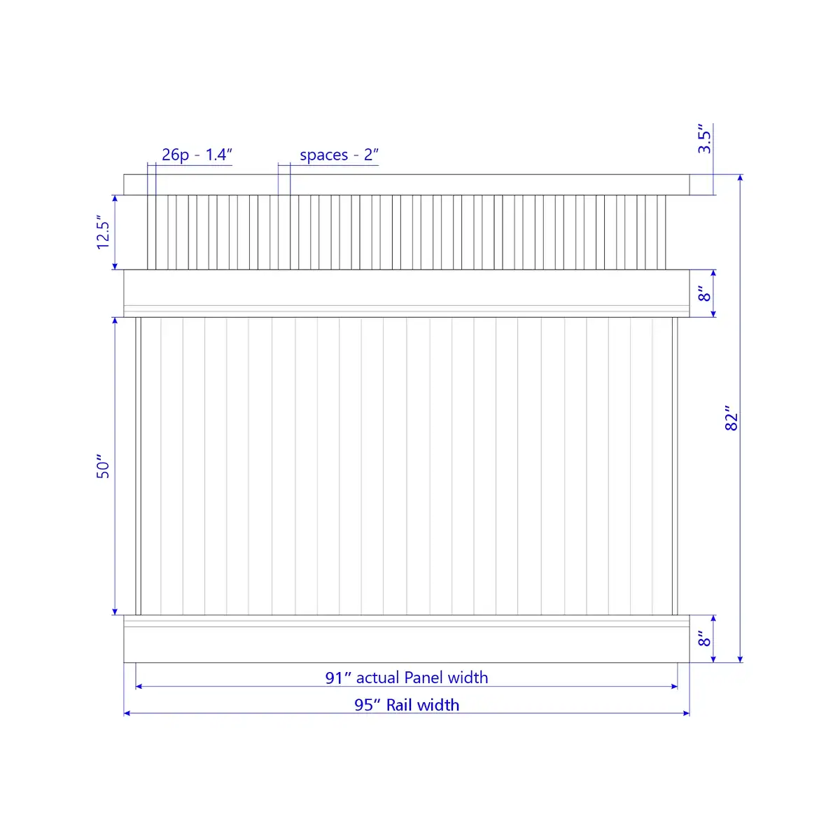 Vinyl Vertical Privacy Fence Panel W/Vertical Picket Top, 7Ft Height 8Ft Width, Tan