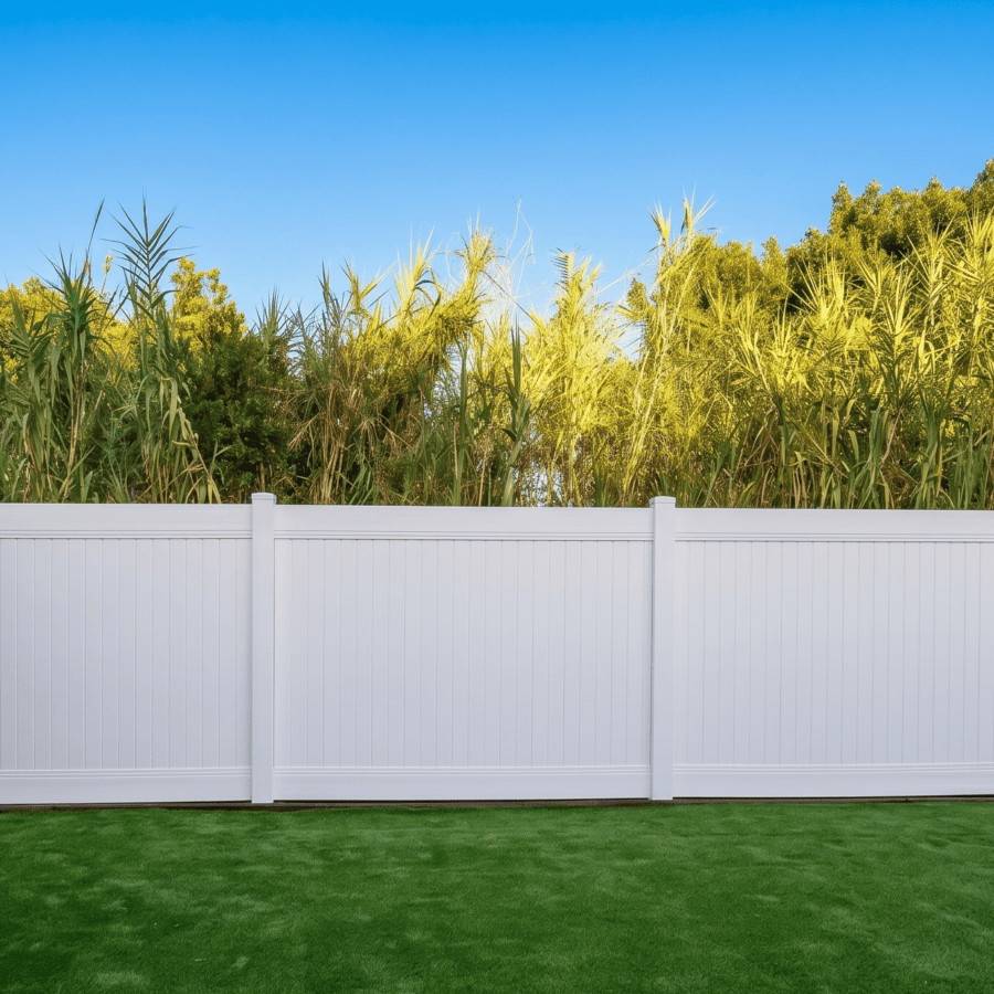 A Pristine White Vinyl Privacy Fence Installed In A Residential Backyard, Featuring Bright Green Artificial Turf And Backed By Lush Greenery Under A Clear Blue Sky.
